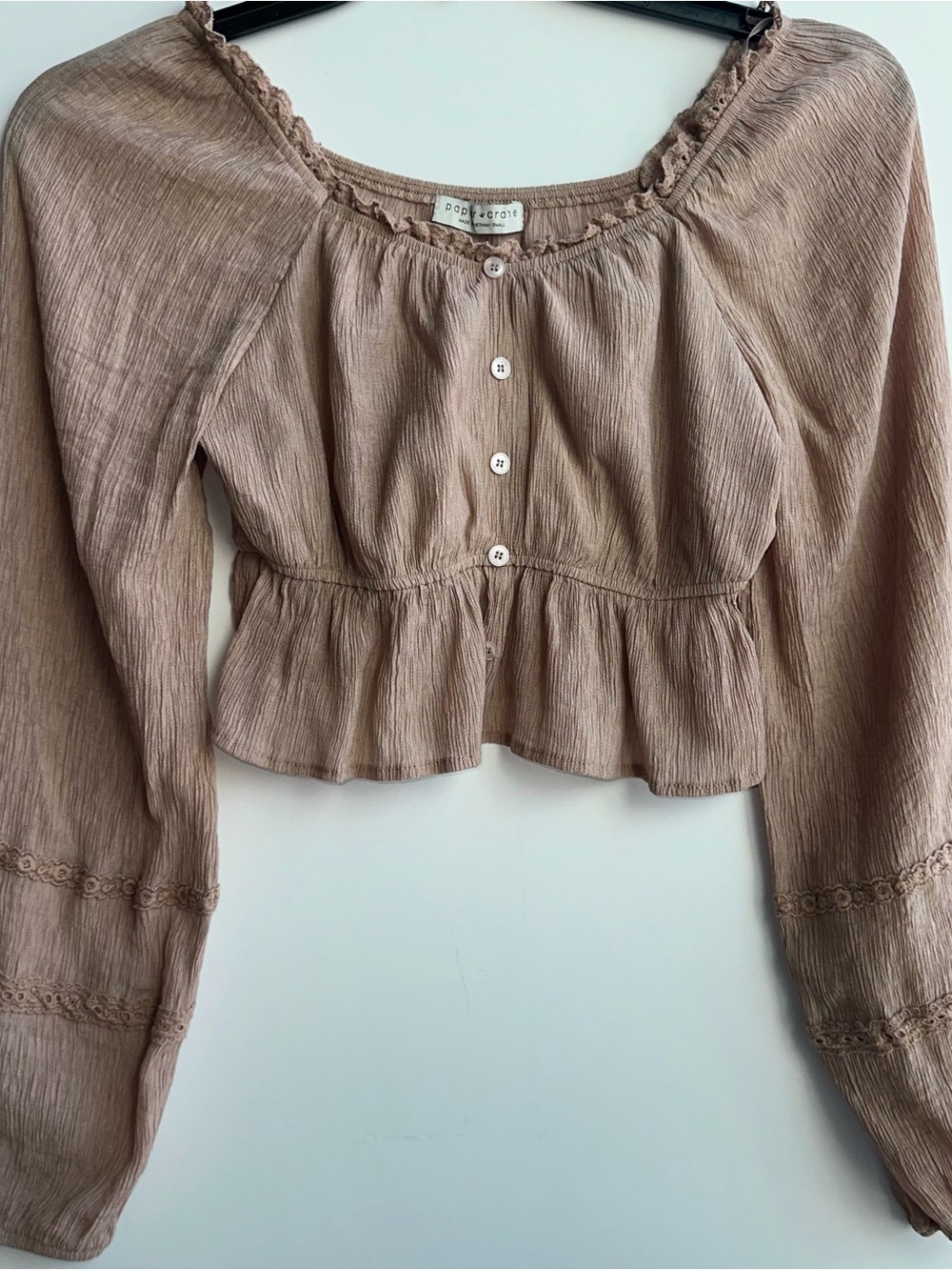 Paper Crane Women's Size S Beige Smocked Long-Sleeve Crop Top